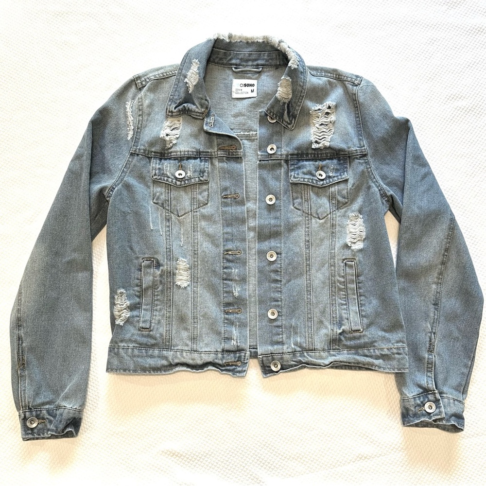 Ci Sono Lt Blue Distressed‎ Denim Jean Jacket Boho Cabin-core Grunge Streetwear